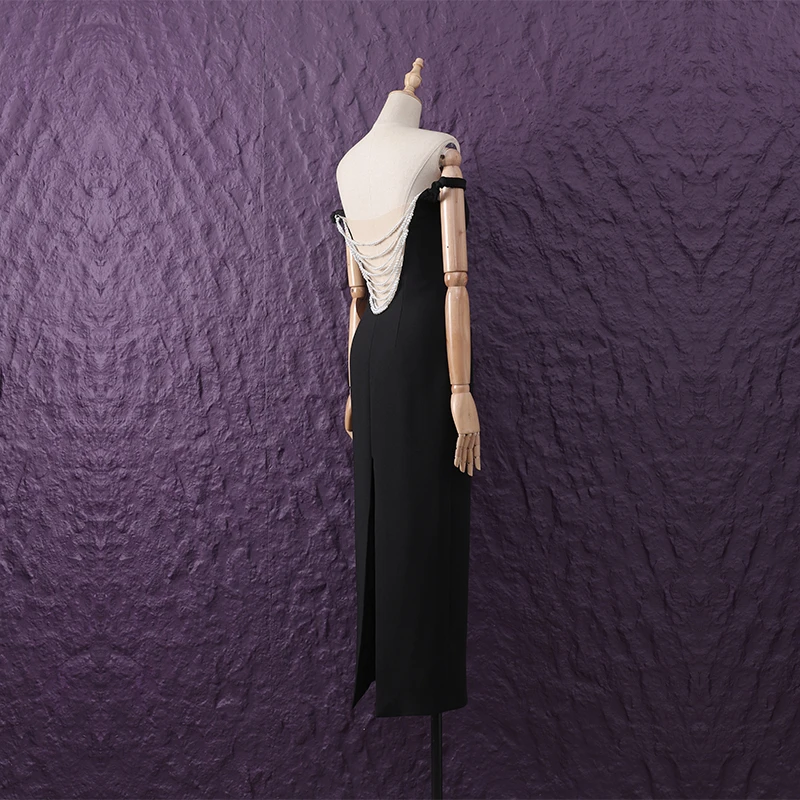 轻奢法式复古名媛气质重工珍珠钉珠性感露背一字肩包臀连衣裙礼服