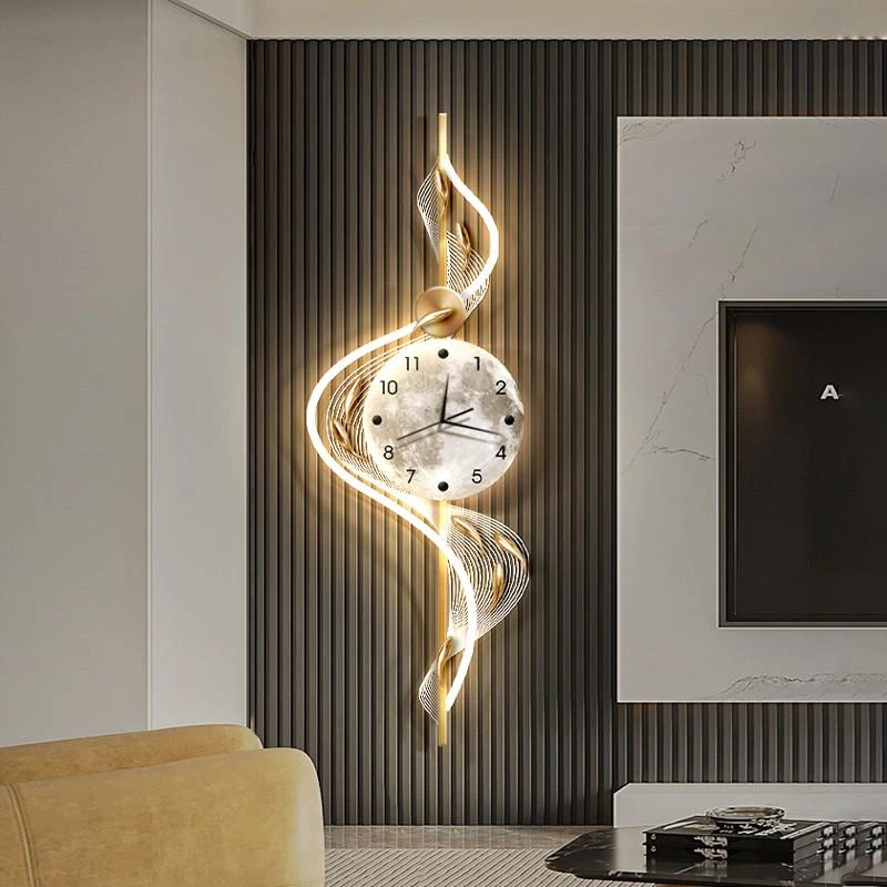 客厅钟表装饰画格栅轻奢创意壁灯时钟挂墙现代简约立体九鱼图挂钟
