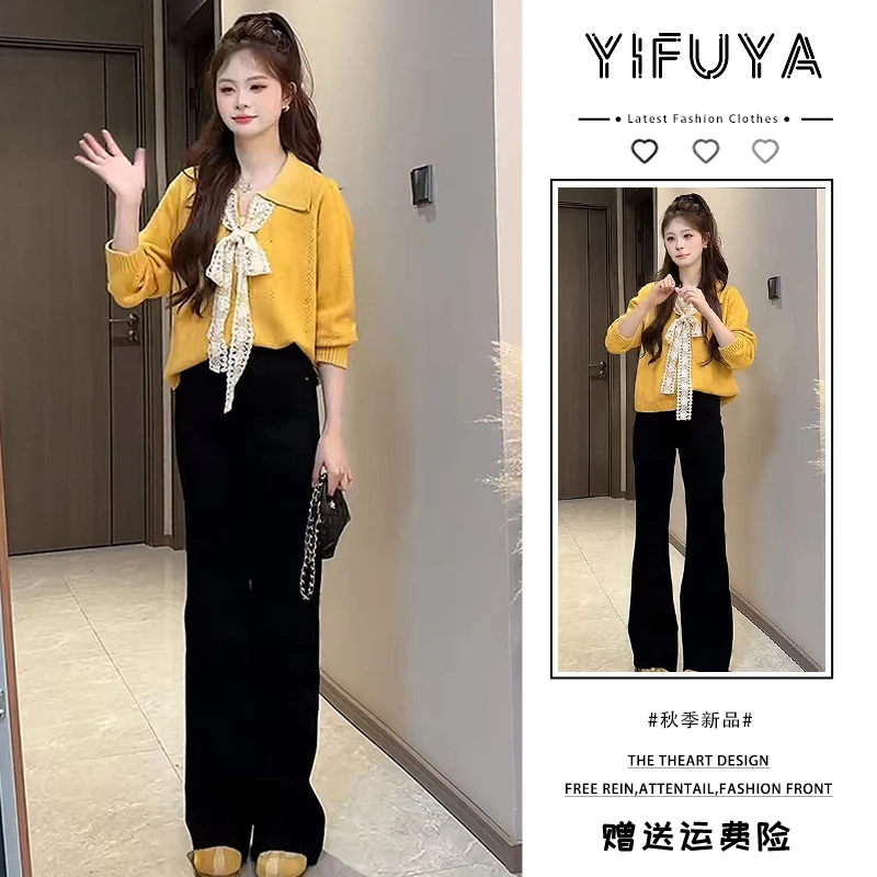 巨好看的秋装一整套法式慵懒小香风蕾丝系带针织衫毛衣阔腿裤套装