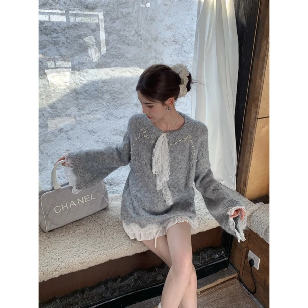 【赵小小&爱尔兰初雪】9272 自留款推荐蕾丝拼接系带针织毛衣高级感