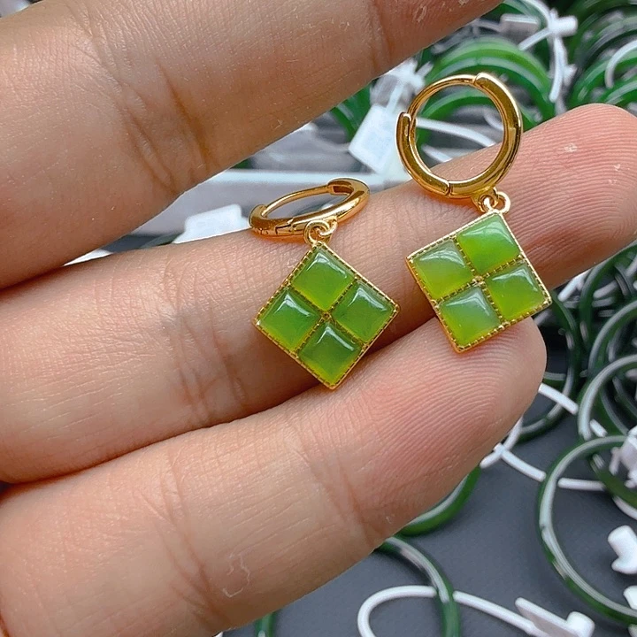 和田玉（碧玉）耳饰银S925镀金镶嵌