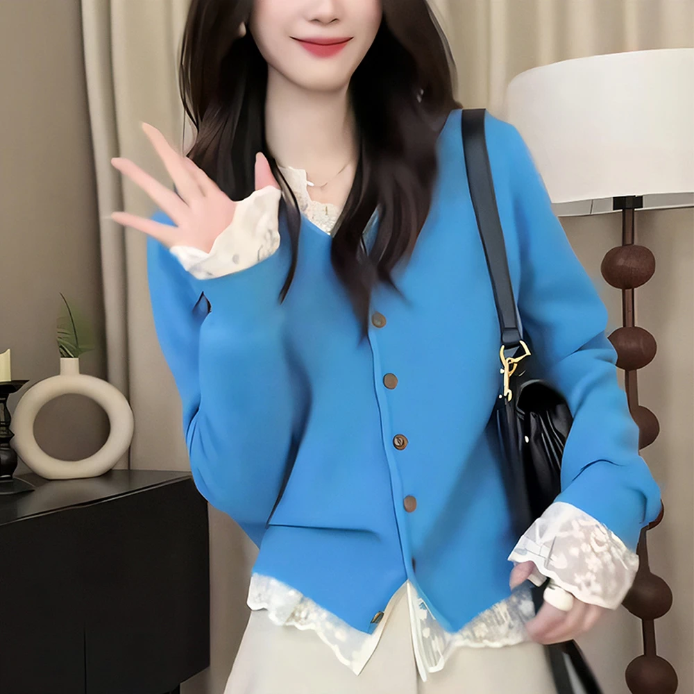 秋季新款女蓝色长袖针织开衫时尚高级感修身显瘦休闲减龄毛衣上衣