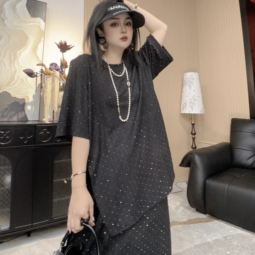 莹莹欧货【满钻纹理半身裙套装】女时尚休闲高品大码两件套66206