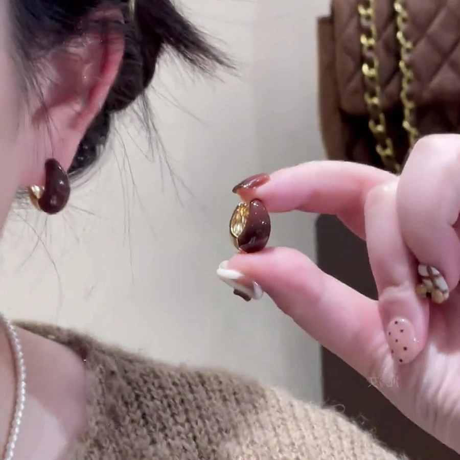 铜合金耳饰 美拉德咖色双面耳扣女款高级感轻奢小众耳环气质耳饰