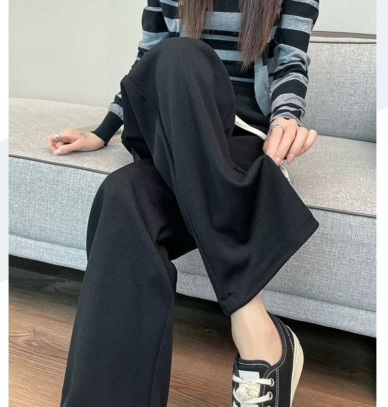 （收）早春大码新款1080-2黑色显瘦休闲垂感直筒裤百搭窄版阔腿裤