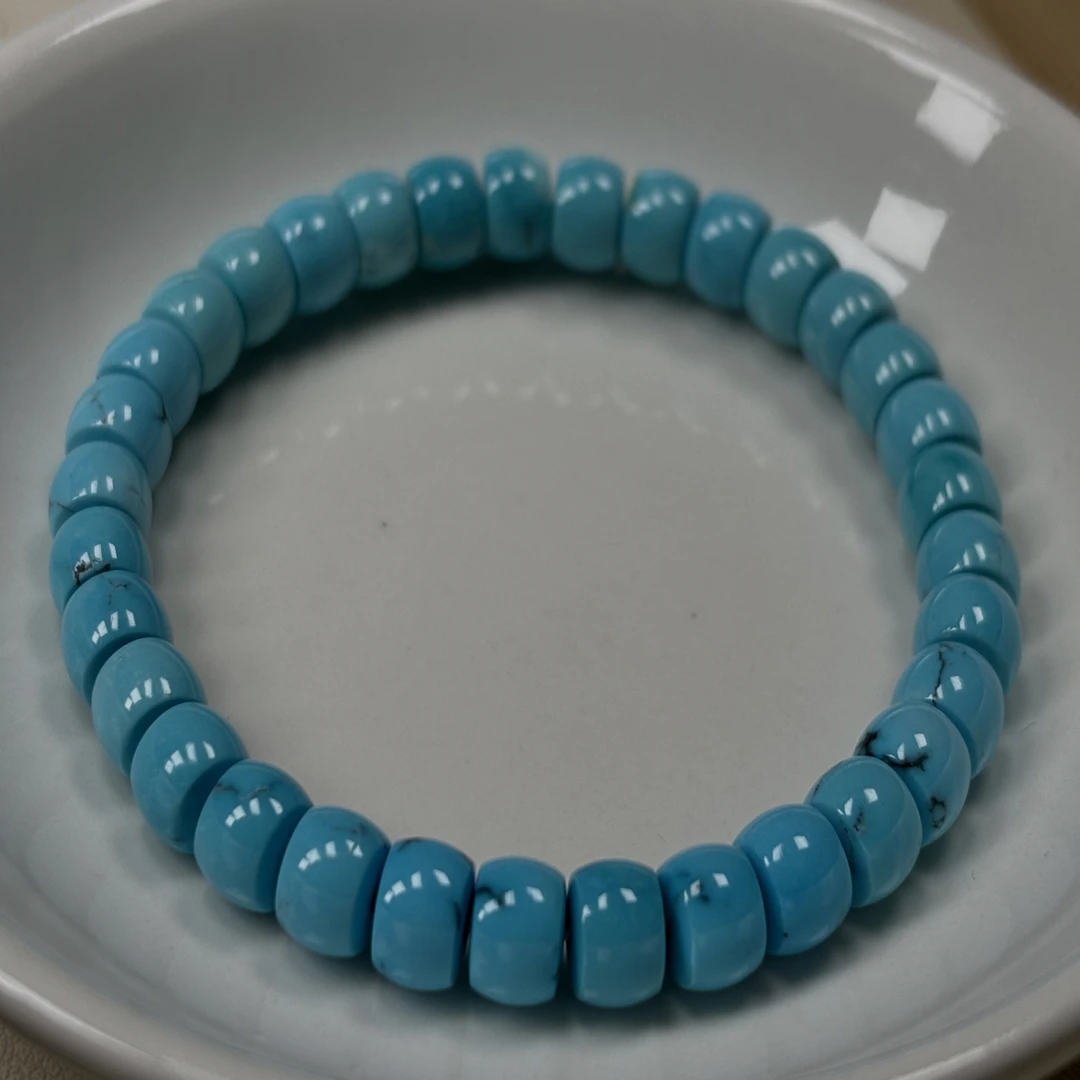石方珠宝原矿绿松石高瓷蓝直切手串，精美水草纹瓷釉级玉化料