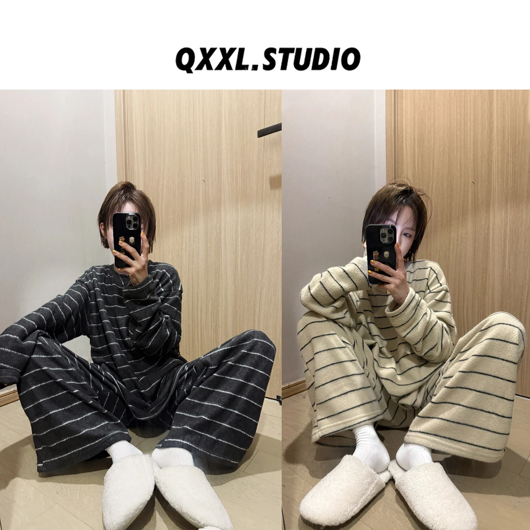 邱小小丽呀 秋冬新款磨毛条纹长袖睡衣套装保暖加厚高级感家居服