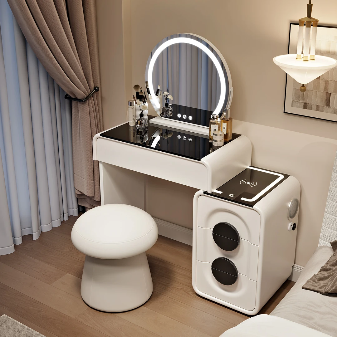 实木梳妆台卧室小户型斗柜一体智能化妆桌无线充电蓝牙音响复古风