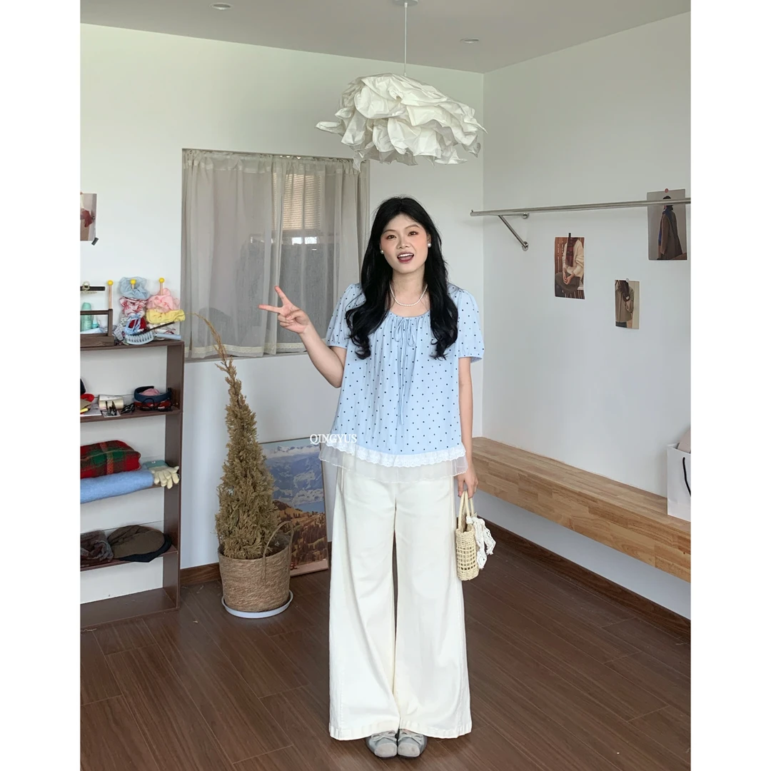 青屿衫-甜美百搭波点衬衫花边拼接绑带上衣微胖显瘦春季大码女装