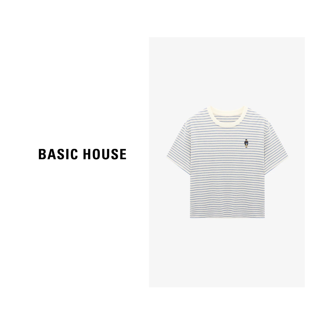 Basic House/百家好运动复古条纹撞色圆领简约T恤-B0625B5V232
