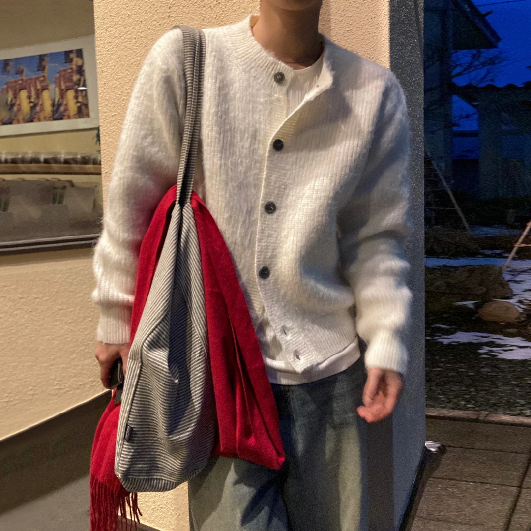 MRCYC松弛感圆领针织开衫男士冬季宽松保暖毛衣外套韩系通勤穿搭