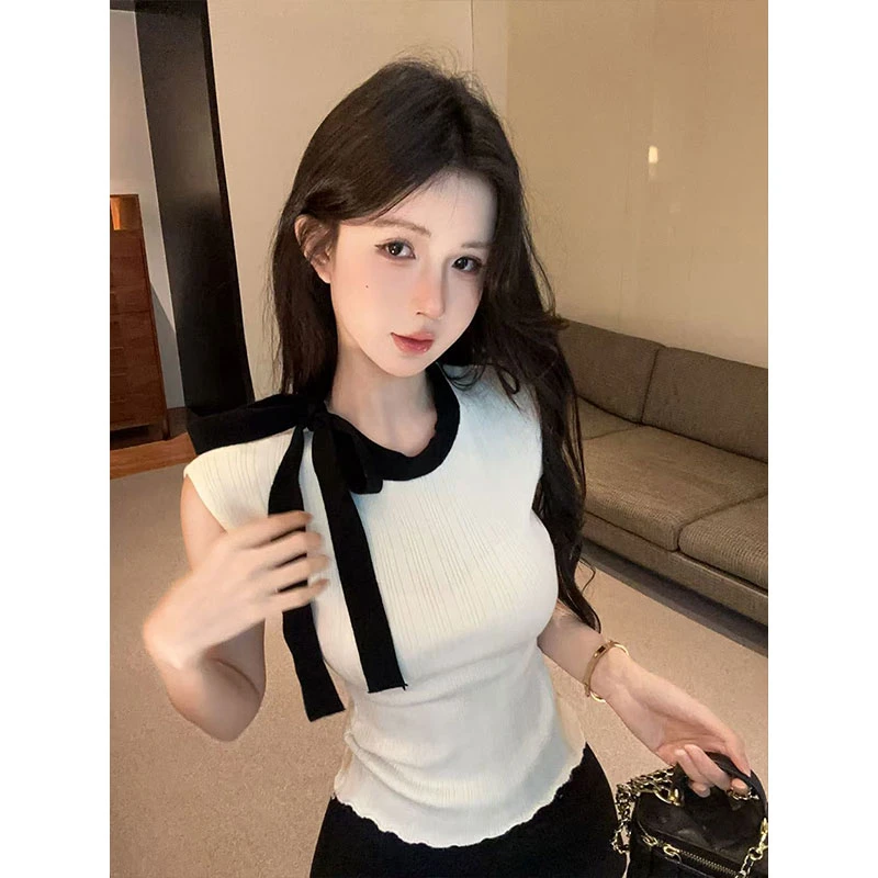 2025秋季新品韩系蝴蝶结撞色小飞袖针织T恤上衣高腰百搭裙裤套装