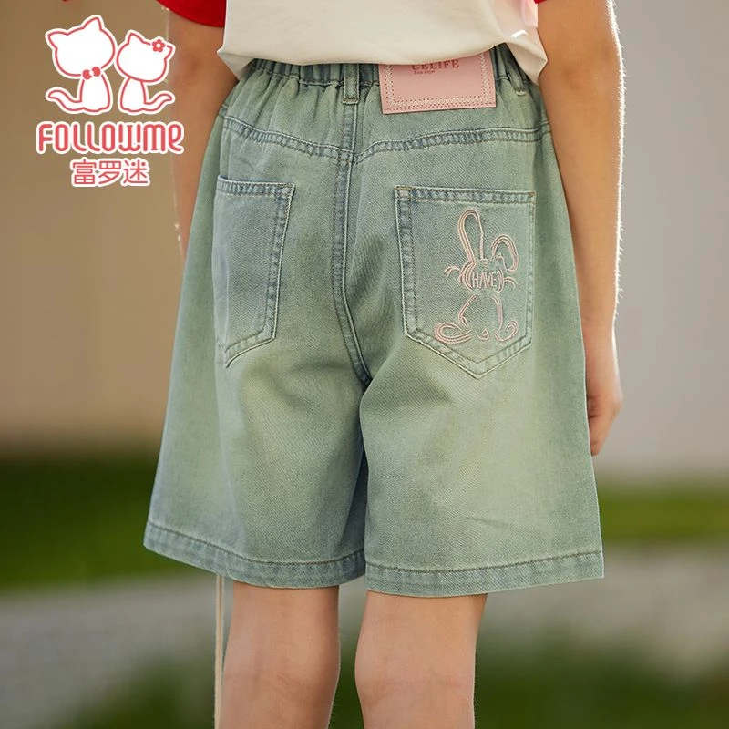 富罗迷儿童牛仔短裤夏季新款女童简约百搭宽松休闲短裤F4B9801NK