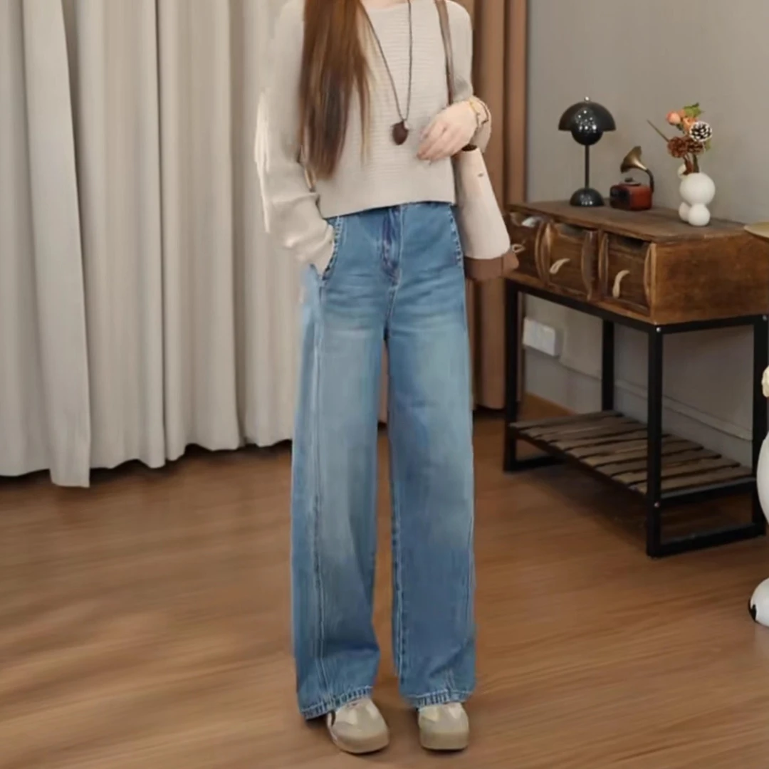 复古宽松加绒弯刀牛仔裤女小个子裤子2025新款高腰显瘦直筒阔腿裤