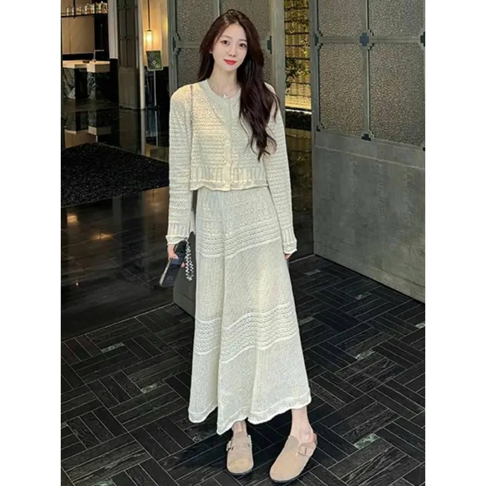 壹【奥法庄园】法式温柔风镂空钩花针织开衫半裙套装小香风名媛气质