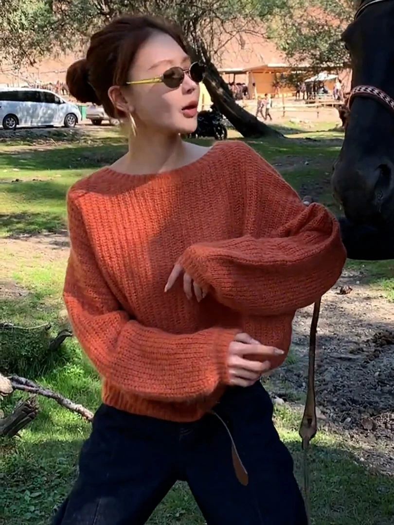 韩系chic复古软糯慵懒风针织衫高级感超好看减龄南瓜色毛衣女秋季