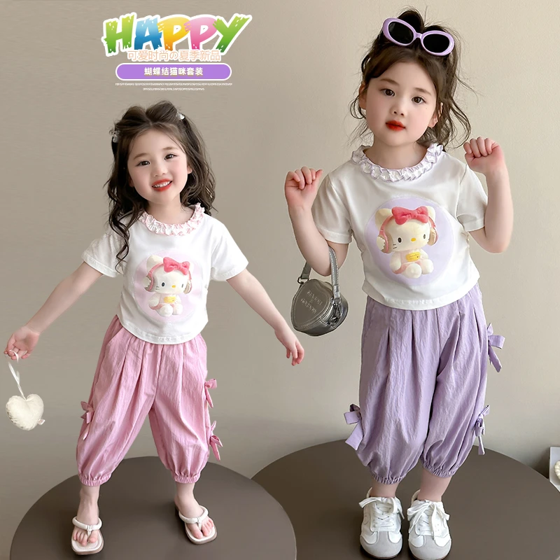 女童花边短袖套装洋气儿童夏季2025新款女宝宝休闲两件套女孩时髦