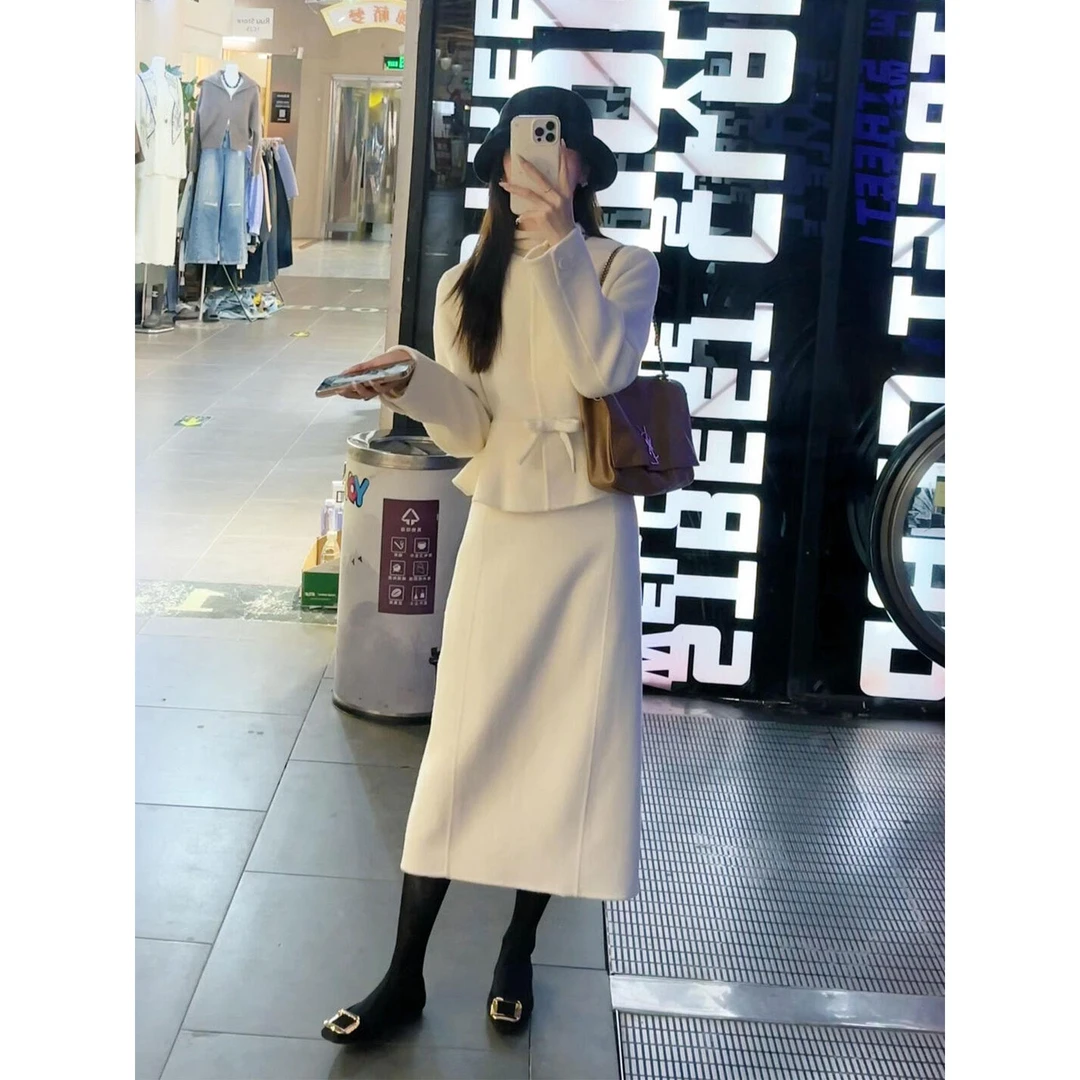 韩风chic富家千金感超好看白色毛呢外套两件套装裙女2025秋季新款