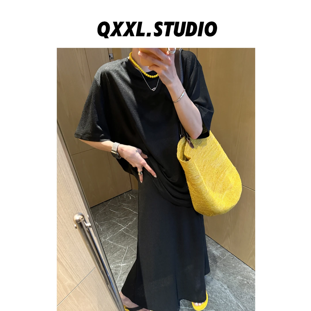 邱小小丽呀 夏季宽松纯色圆领T恤上衣A字半裙两件套休闲百搭套装