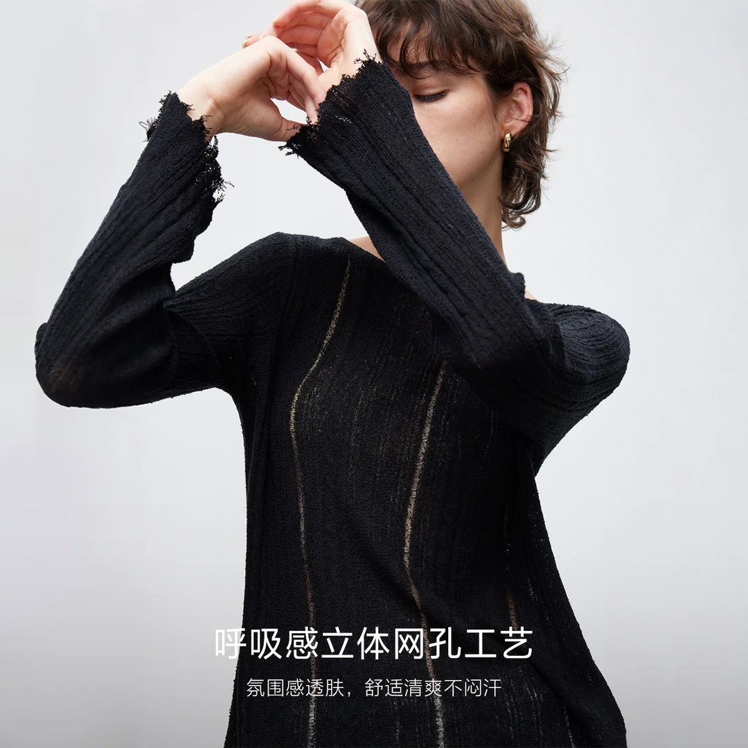 ONLY2025秋季新款松弛感毛边微透面料正肩长袖针织衫女|125324003