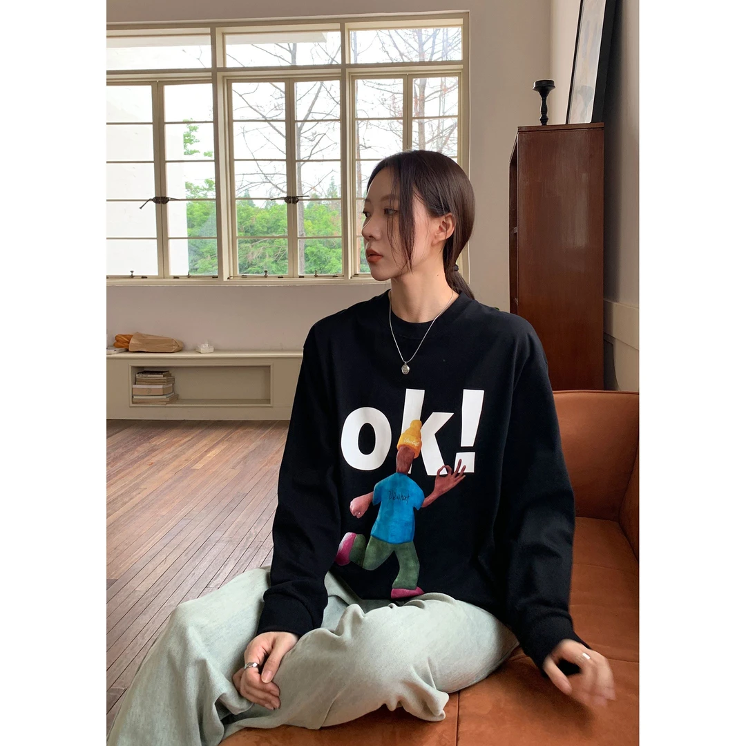 2025秋季字母印花长袖t恤女宽松遮肉显瘦日常休闲百搭圆领上衣女