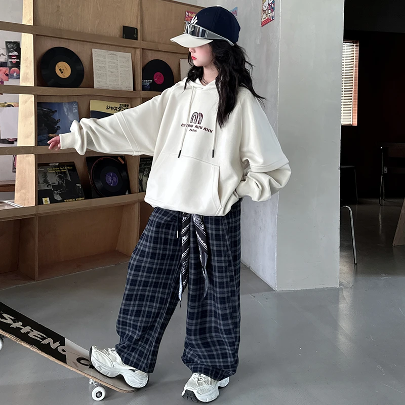 女童2025新款女孩春秋装时髦休闲套装女大童秋季卫衣格子裤两件套