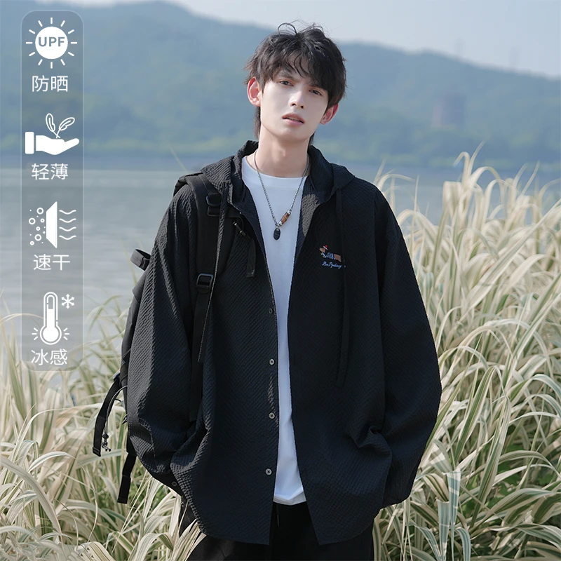 特批P35无差价夏季复古连帽泡泡纱刺绣腊肠狗男宽松防晒外套J5223