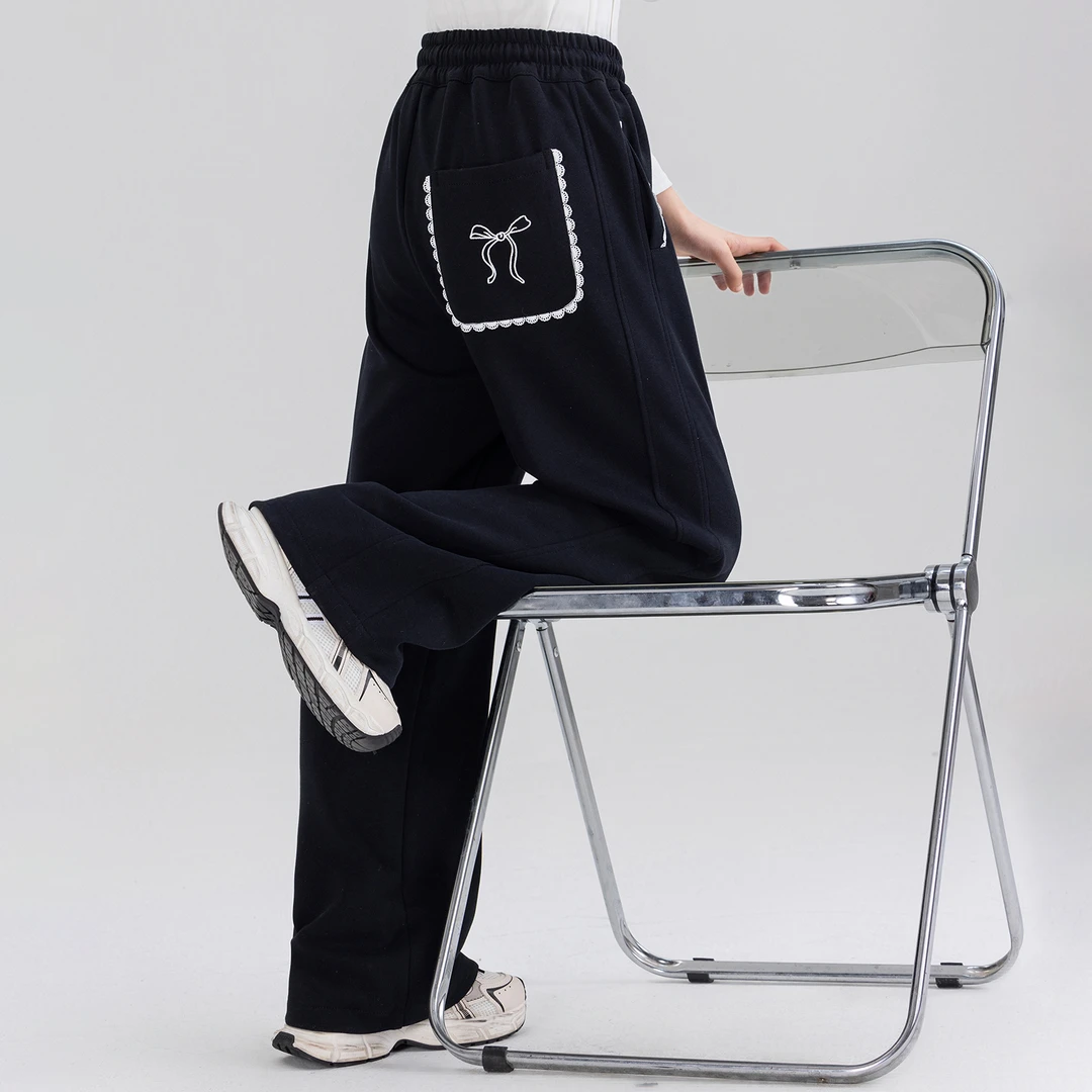 女大童2025新款洋气阔腿休闲裤撞色花边刺绣设计感百搭长裤Q62230