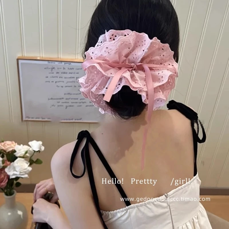 粉色四层蕾丝抽绳式大肠发圈女甜美可爱丸子头发绳温柔扎头绳头花