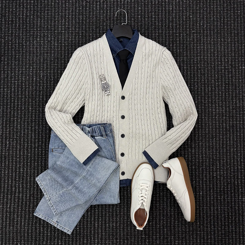 MIGSIMHE·老钱风麻花羊毛针织开衫男士秋冬季通勤慵懒感毛衣外套