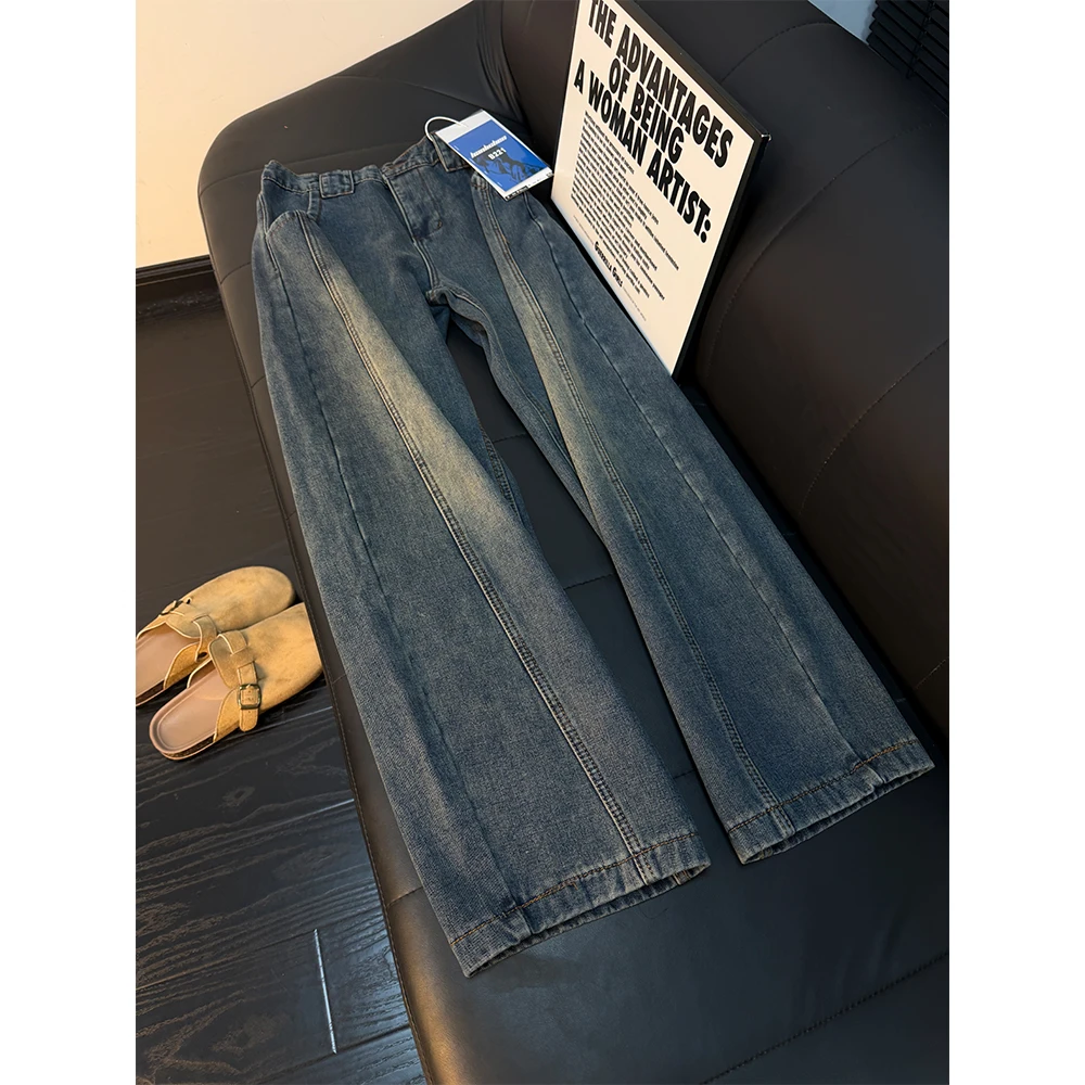 复古斜切牛仔裤男秋冬季加绒加厚cleanfit美式水洗做旧工装直筒裤