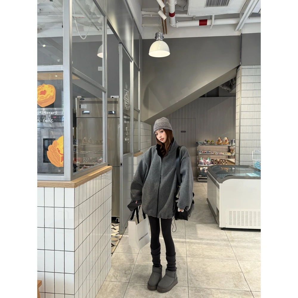 EJOEYA盐系加厚双面摇粒绒灰色宽松立领长袖拉链卫衣外套女