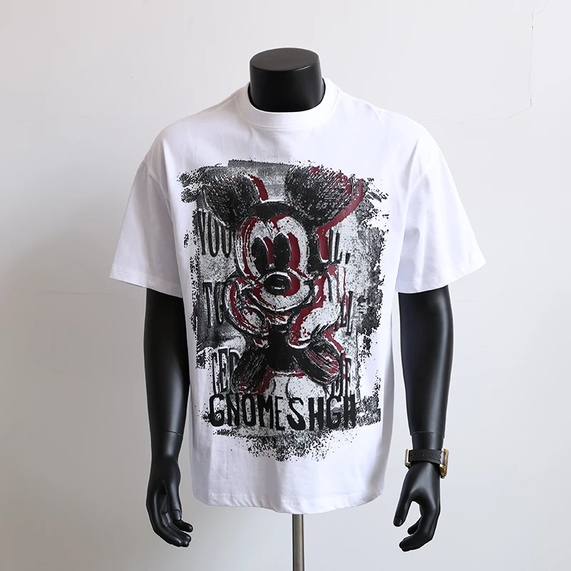 潮牌美式复古卡通手绘米老鼠涂鸦印花短袖T恤男女款宽松半袖夏季