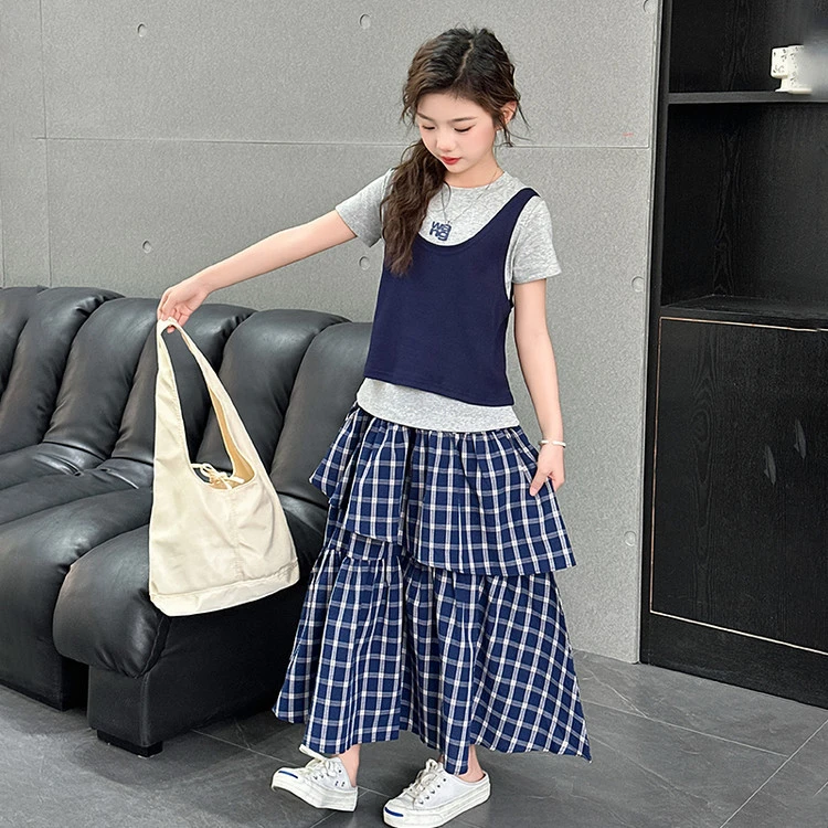 女童女孩夏季新款中大童甜美时尚韩版网红格子裙休闲洋气三件套