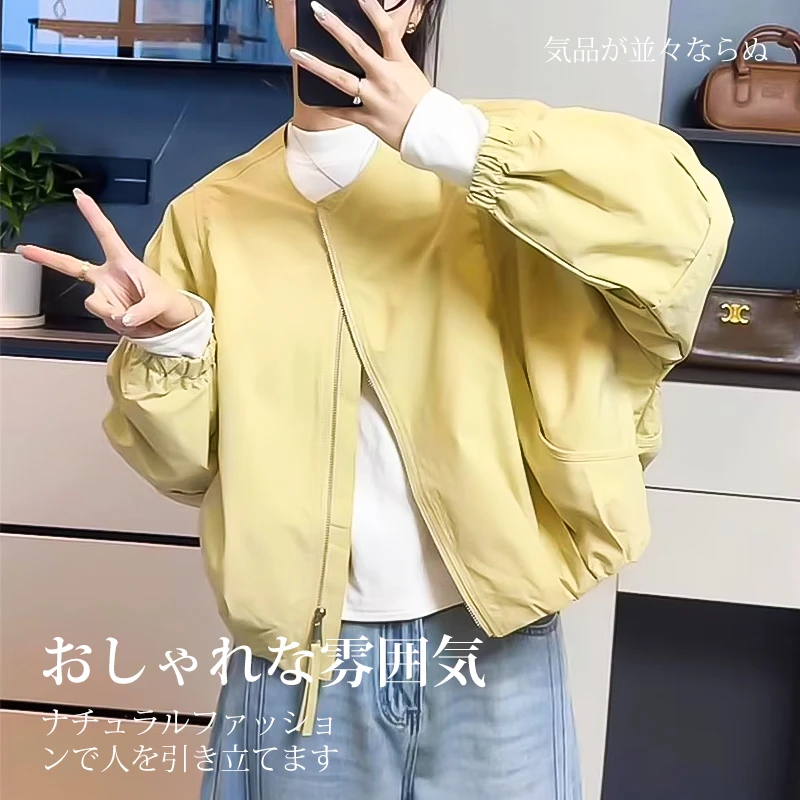 日本Calista秋季新款纯色短外套圆领宽松休闲百搭夹克
