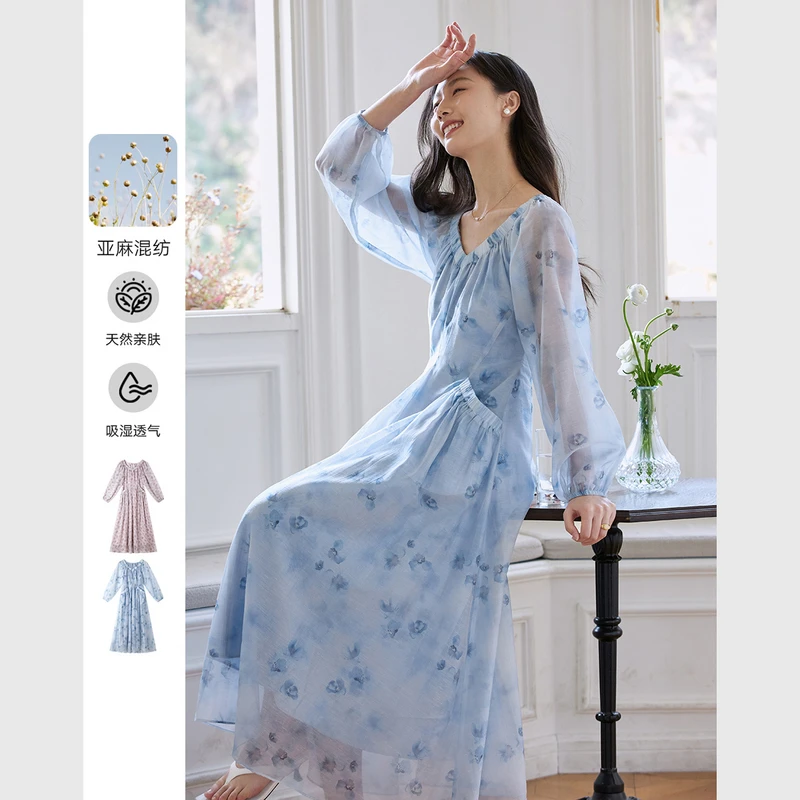 *优雅淑女薄款大摆碎花裙夏款系带抽绳宽松显瘦长裙A0663