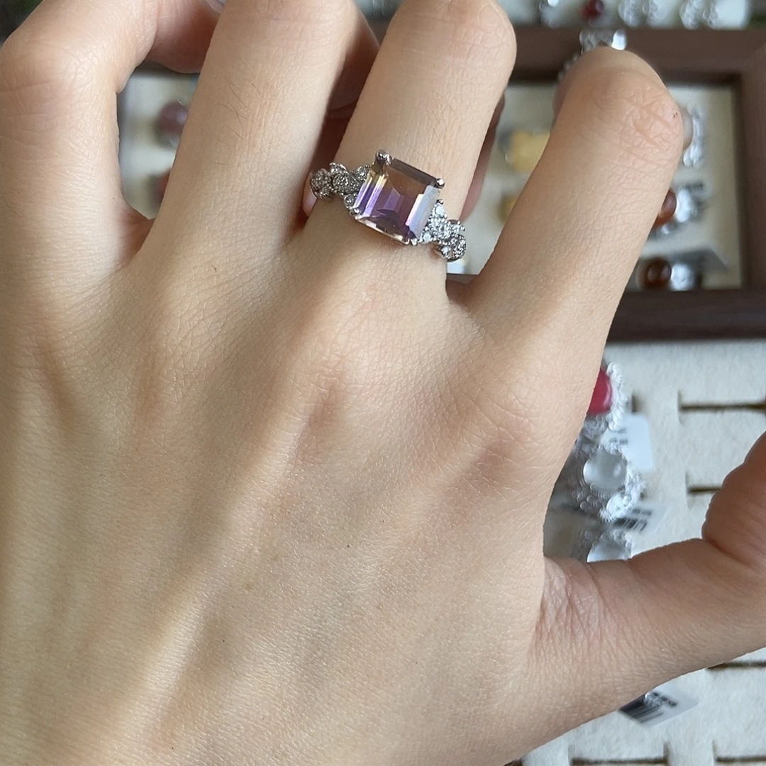 布***雪烟晶戒指银S925镶嵌紫黄晶