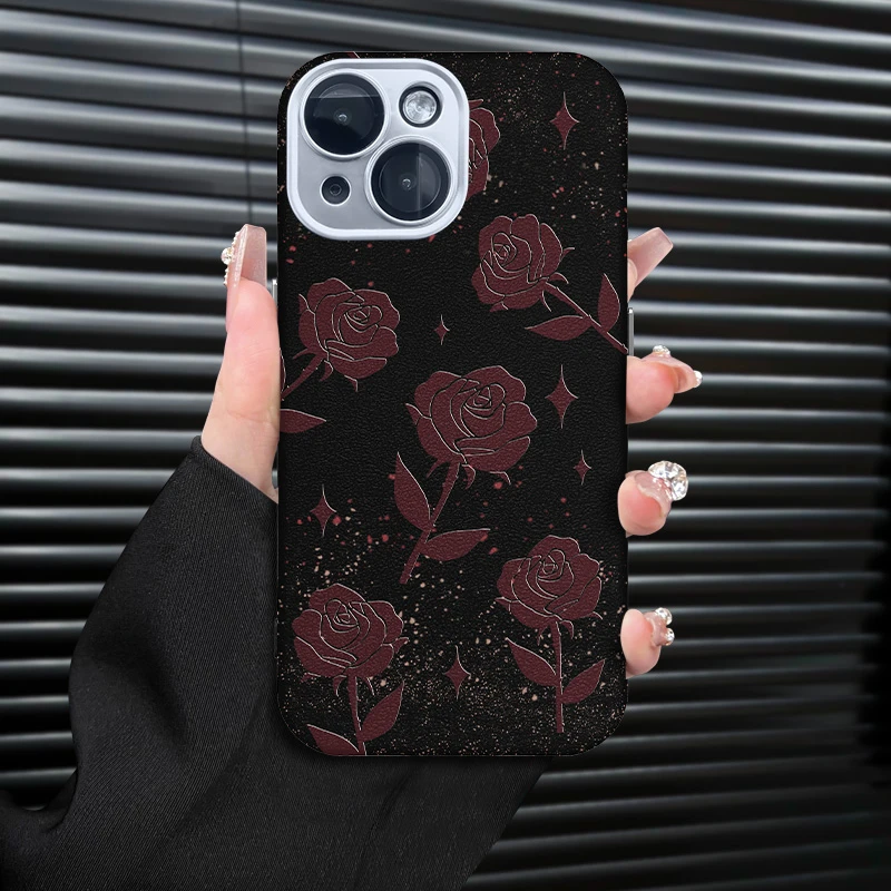 黑色星点玫瑰花适用苹果15/16promax手机壳14/13全包精孔金属皮纹
