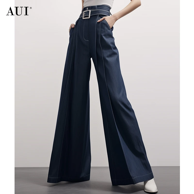 【彭彭专属】AUI藏青色御姐气质高腰牛仔阔腿裤炸街长裤-24W075383
