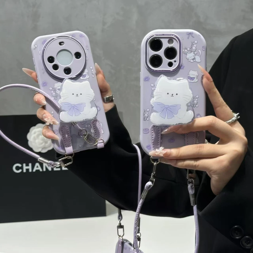 奥菲顿紫结猫咪支架挂绳适用苹果17胖子手机壳16华为vivo小米oppo