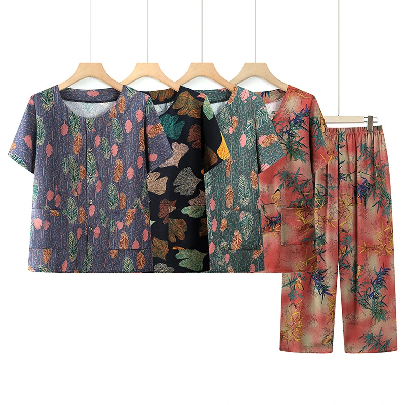 中老年人夏装女奶奶棉绸套装宽松妈妈装短袖两件套薄款老太太衣服