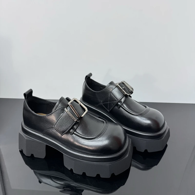 英伦风一脚蹬小皮鞋女高级感通勤小个子7cm厚底乐福英伦风小皮鞋