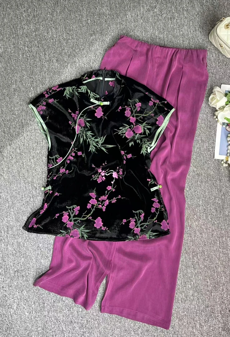 高端定制夏季欧货一枝梅丝绒复古斜襟玉石扣短袖新中式T恤上衣