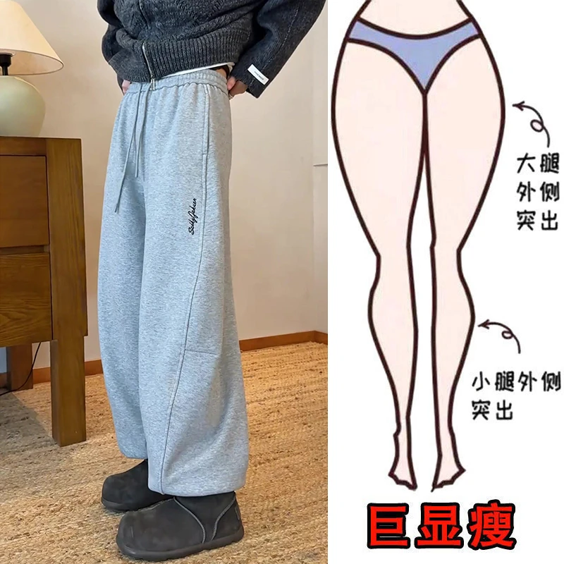 冬季新款加绒加厚刺绣束脚休闲裤女宽松高腰显高显瘦束脚运动卫裤