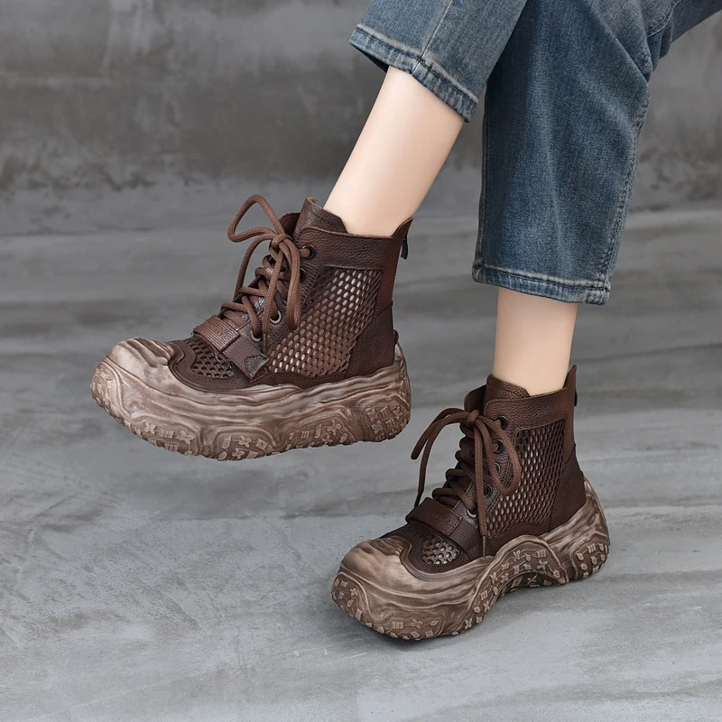 回古2025春季新款擦色复古高帮短靴镂空透气单鞋头层牛皮女鞋