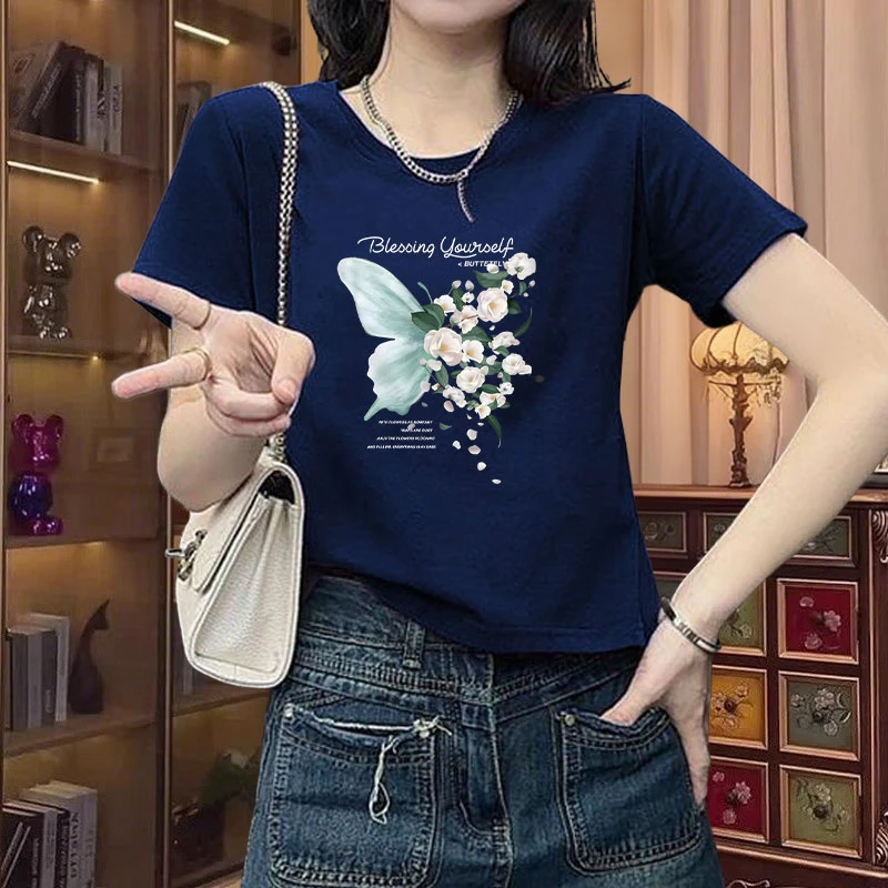 2025夏季短款印花上衣女新款纯棉圆领高腰显瘦小个子薄款短袖t恤