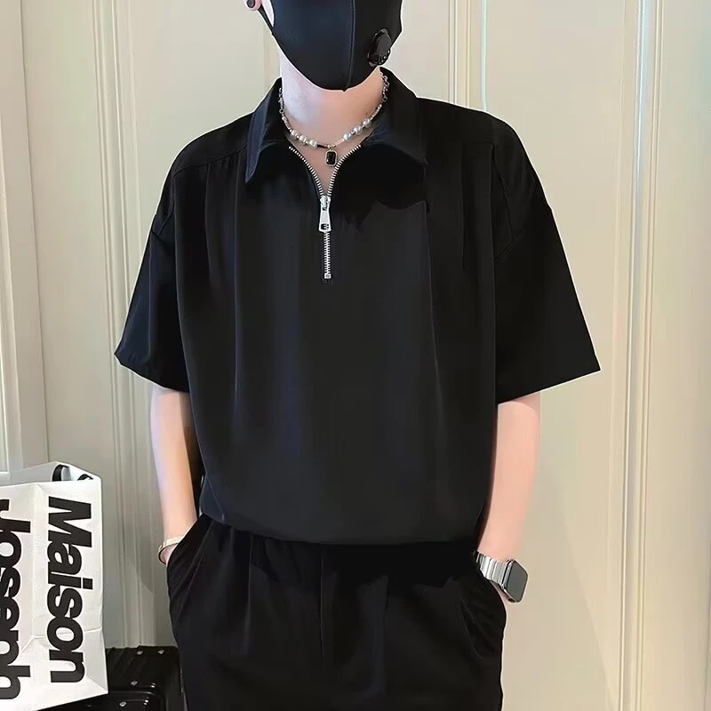 夏季冰丝衬衫男短袖潮牌痞帅半拉链衬衣2025新款夏装五分袖POLO衫