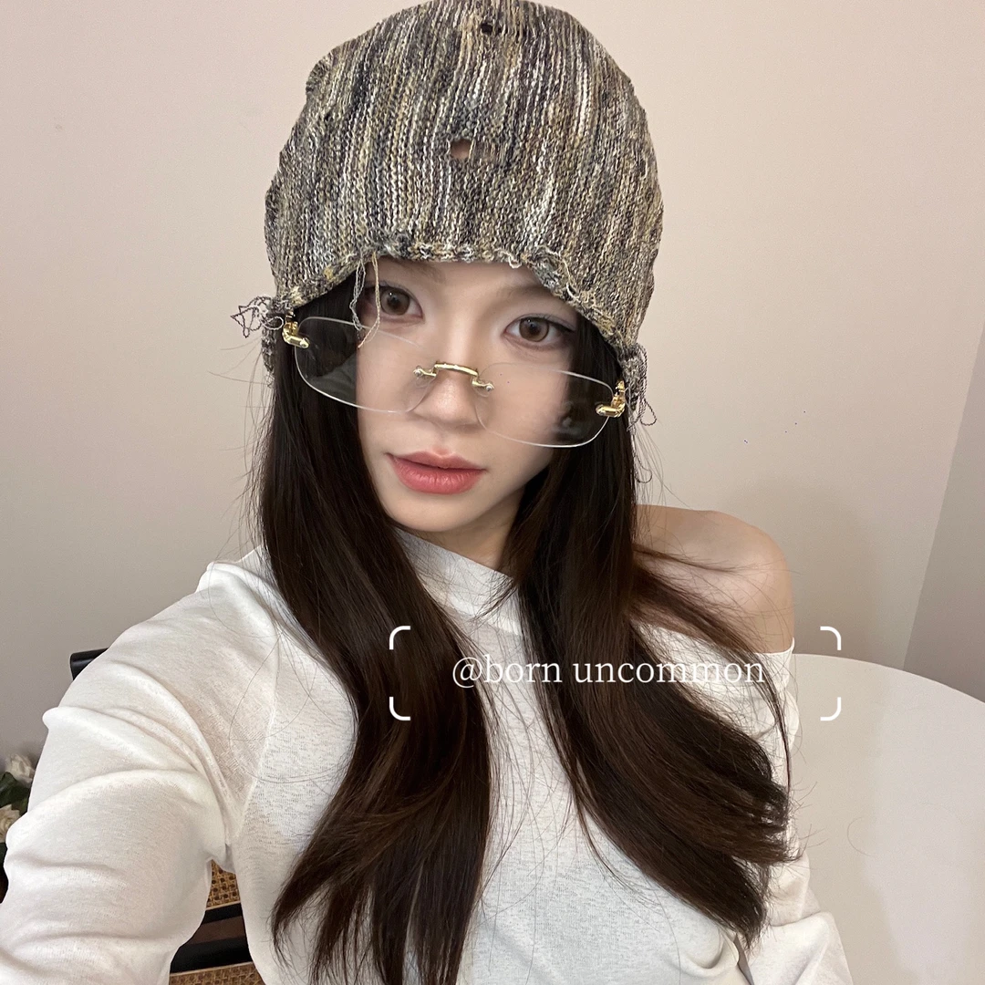 废土风渐变针织破洞堆堆帽女春夏街头复古慵懒风扎染百搭产后冷帽