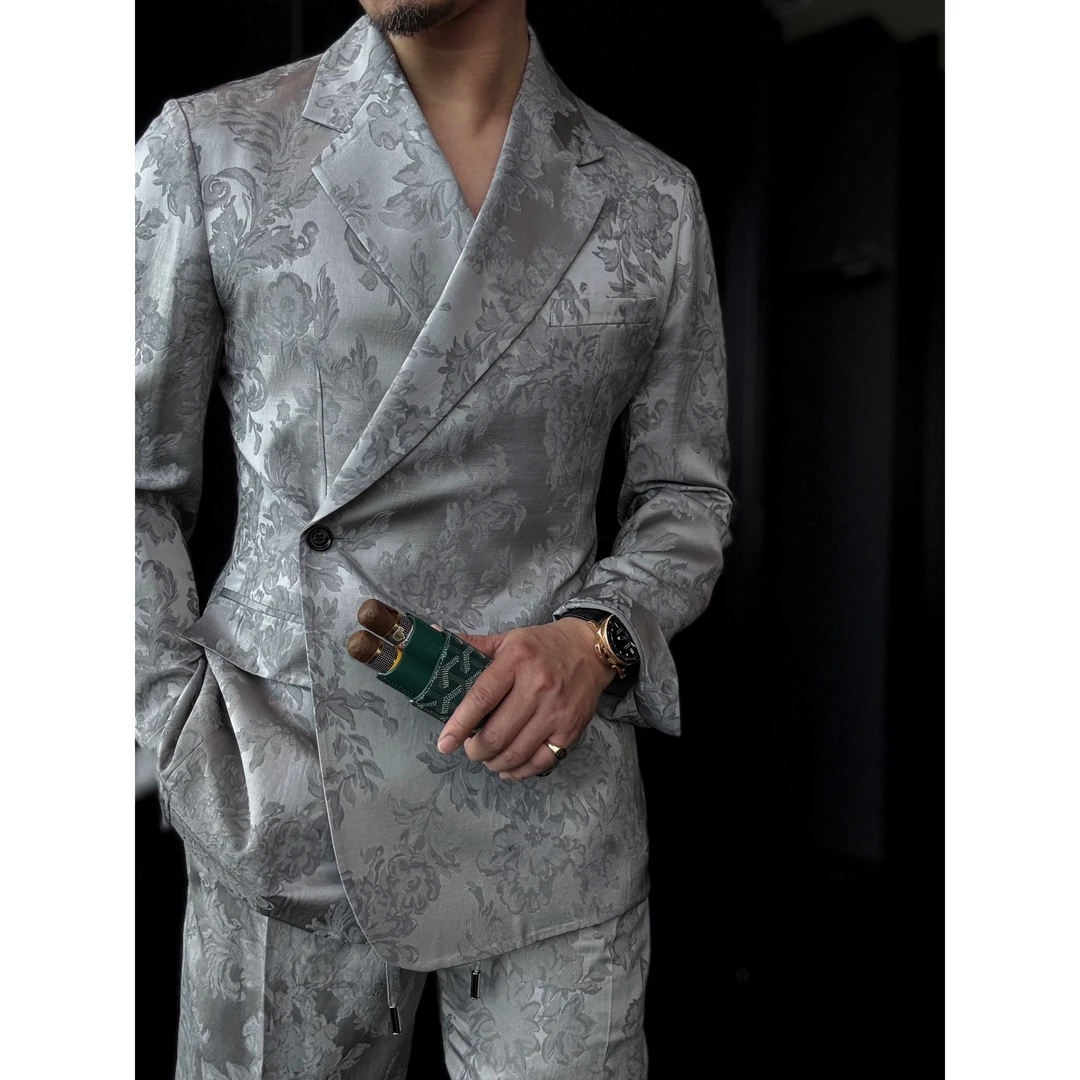 DRUNKCORNER 双排一粒扣平驳领提花超薄西服抽绳休闲裤显瘦