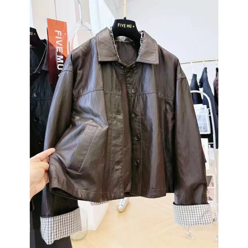 咖色皮衣外套宽松秋冬短款秋季时尚外套简约翻领